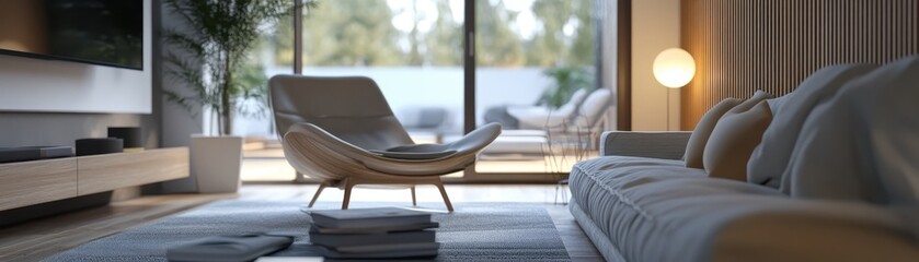 Modern living room with cozy seating, minimalist design, and large windows offering a view of a serene green garden.