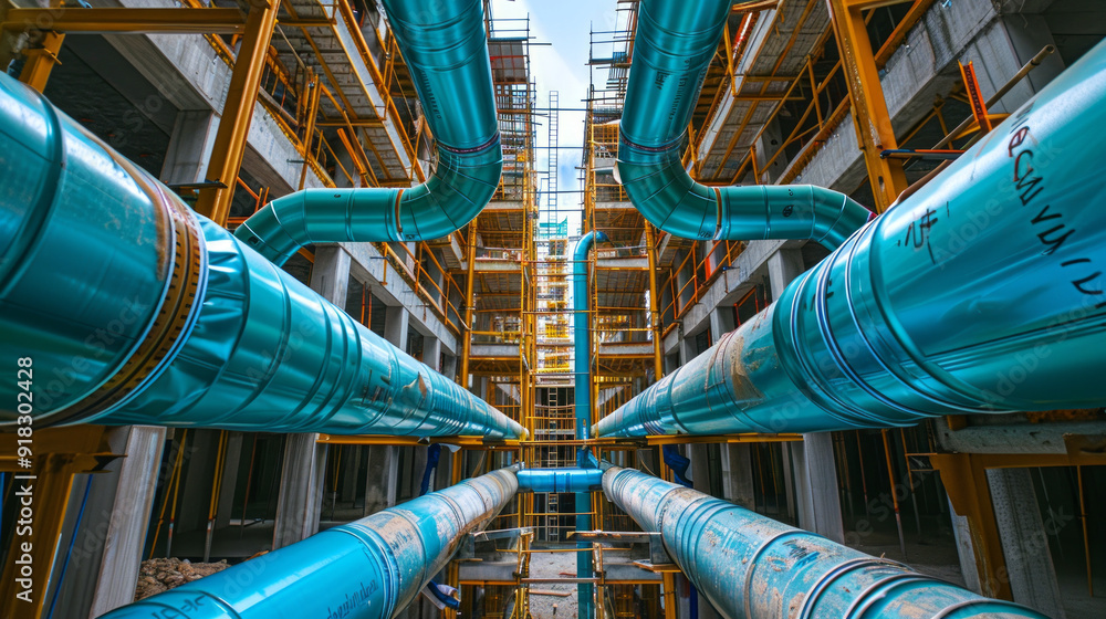 Construction site with large blue industrial pipes and scaffolding ...