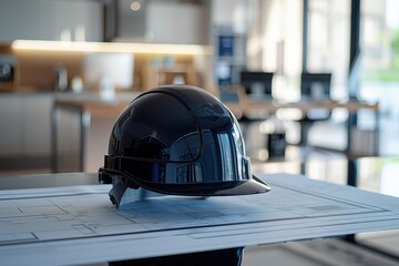 Wall Mural - A black construction helmet rests on architectural plans in a modern workspace.