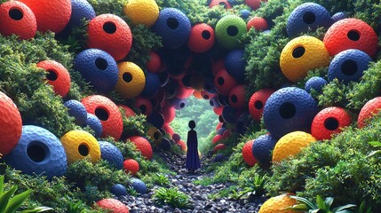 Sticker - Surreal Colorful Sphere Tunnel in Lush Green Forest