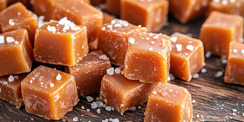 Wall Mural - The texture background of salted caramel pieces with grains of salt. Classic flavor