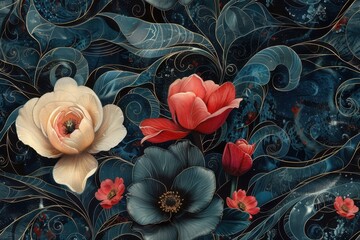 Wall Mural - Floral Fantasy in Midnight Hues