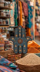 Poster - Hamsa Hand Desert Market Judaism, Islam Religion Spiritual Symbol - Generative AI