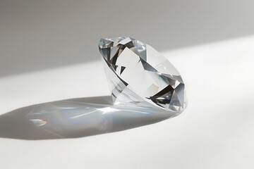 Sticker - Brilliant cut diamond casting a shadow on a sleek, white backdrop with sunlight