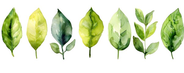 Canvas Print - Delicate Watercolor Green Tea Leaves Arranged on White Background for Calming Effect