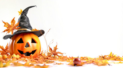 Wall Mural - A playful Halloween pumpkin wearing a witch hat sits amid colorful autumn leaves, ready for festive decorations and celebrations