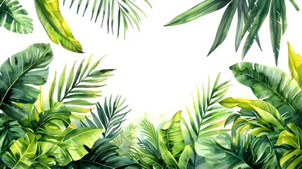 Sticker - Vibrant Watercolor Palm Leaves Crafting a Refreshing Tropical Scene on White Background