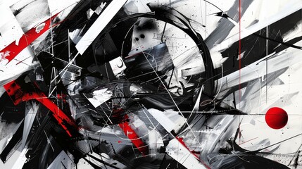 Wall Mural - abstract black and white artwork with red accents and chaotic geometric shapes