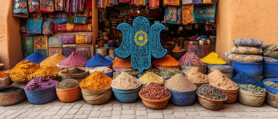 Poster - Hamsa Hand Desert Market Judaism, Islam Religion Spiritual Symbol - Generative AI