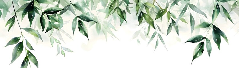 Poster - Watercolor Bamboo Leaves with Subtle Green Gradient on White Background