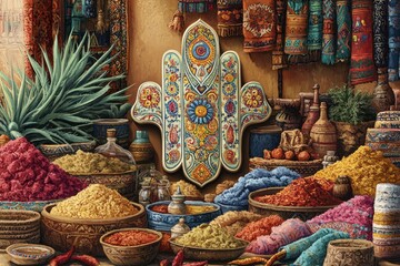 Wall Mural - hamsa hand desert market judaism, islam religion spiritual symbol - generative ai
