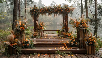 Poster - Woodland-inspired wedding backdrop with towering trees and rustic decorations 