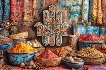 Wall Mural - hamsa hand desert market judaism, islam religion spiritual symbol - generative ai