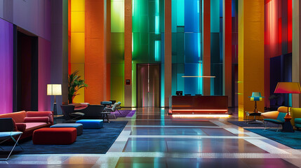 Wall Mural - A colorful lobby with a green plant in a yellow pot. Modern contemporary design. 