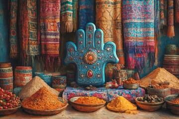 Wall Mural - hamsa hand desert market judaism, islam religion spiritual symbol - generative ai