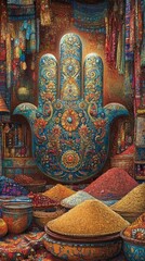 Wall Mural - hamsa hand desert market judaism, islam religion spiritual symbol - generative ai