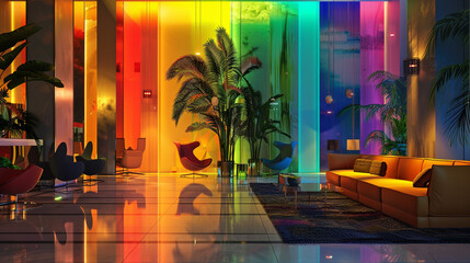 Wall Mural - A colorful lobby with a green plant in a yellow pot. Modern contemporary design. 