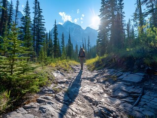 Poster - Hiker s Shadow Cast on Rocky Path with Towering Pine Trees and Rugged Mountain Backdrop Hiking Concept