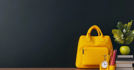 Yellow school bag with books and accessory on empty black chalkboard.