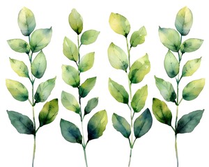 Wall Mural - Watercolor Thyme Leaves in Soft Shades of Green on White Background  Serene Botanical for Organic  Fresh Design