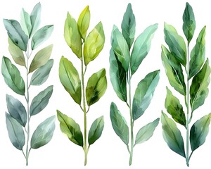 Canvas Print - Ethereal Watercolor Sage Leaves on White Background with Minimal Design