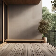 3d render of exterior wooden balcony with large empty concrete wall.