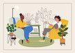 © Berentina - Relaxing in armchairs people in a cozy interior scene. Woman and man resting and chatting in Interior scene with furniture, and house plants. Housewarming vector illustration for card, poster