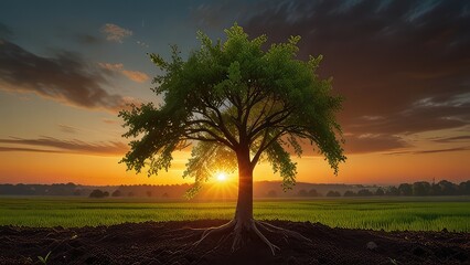 Wall Mural - Panoramic view of a young tree bathed in the warm glow