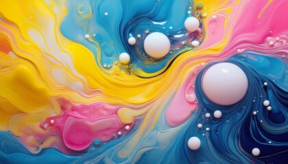 Wall Mural - A vibrant abstract of swirling yellow, blue, and pink ink colors with white bubbles creating a marbled effect underwater