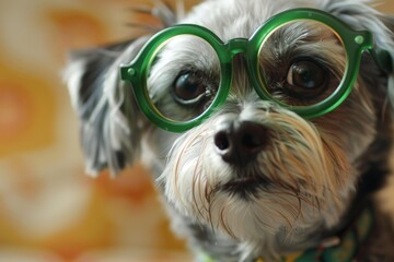 Cute dog with expressive eyes donning stylish green eyewear