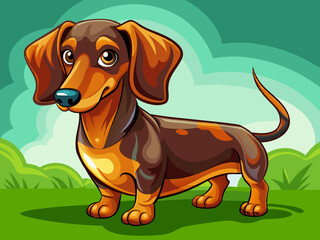 Wall Mural - lively Dachshund with a short, smooth brown coat,has a long body, short legs, and a curious expression with its ears flopping slightly, standing low to the ground on a green simple field background