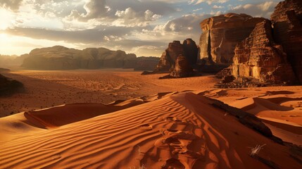 Sticker - The arid desert landscape showcases the stark contrast between sunlit sand dunes and deep