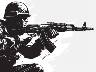 Wall Mural - A man in a military uniform is holding a rifle. The image is black and white and has a mood of war and conflict