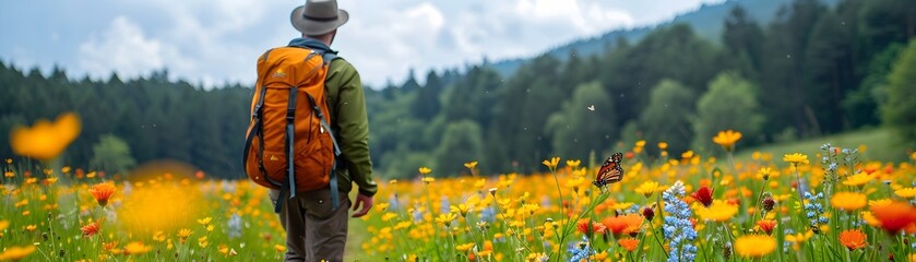 Poster - Hiker Exploring a Vibrant Meadow Filled with Wildflowers and Buzzing Insects