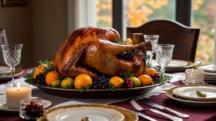 Delicious roast turkey on a festive autumn table. Thanksgiving Day