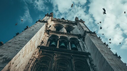 Poster - massive bell tower, reaching high into the sky, with its bells poised to ring out across the city.