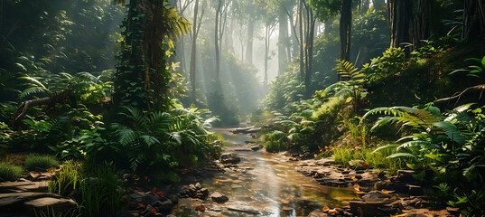 Wall Mural - A Tranquil Woodland by a Bubbling Stream Bathed in Warm Light
