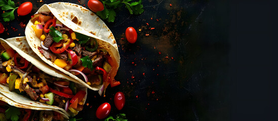 Top-down view of tortillas filled with assorted vegetables and beef, suitable for tacos or burritos, against a dark backdrop with available copy space image.