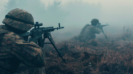 Wall Mural - The tense atmosphere of several armed soldiers operating on a foggy battlefield