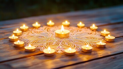 Wall Mural - Candles on Wooden Table with Mandala Design.