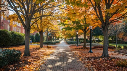 University campus during fall with colorful leaves and scenic pathways.