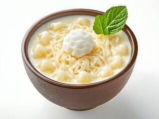 Close-up Photo of a Bowl of Creamy Rice Noodle Dessert with a White Snowflake-shaped Topping and Mint Leaves