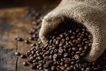 Coffee beans in sacks scattered on wooden background 