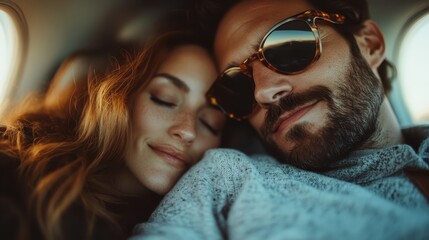 A close-up shot of a couple wearing sunglasses, relaxing together and enjoying a cozy moment, with a gentle smile, illustrating companionship and outdoor relaxation.