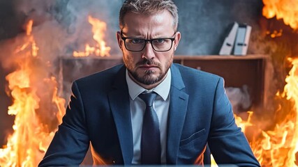 Wall Mural - Focused businessman working on a laptop in an office engulfed in flames, depicting intense concentration under pressure