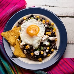 Wall Mural - Chilaquiles mexican breakfast made of black beans, corn, tortilla chips and fried eggs