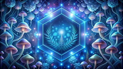 Canvas Print - A Serene Dance of Pastel Blues and Rose, Encircling Glowing Hexagons and Mystical Mushrooms  Generative AI