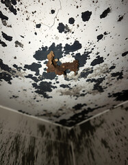 Dirty scary black mold on bathroom ceiling from wet moisture danger from lung disease isolated with white highlights, png