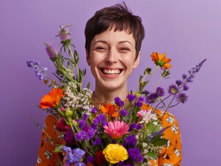 Photo of pleased woman with short hair dressed in a fashionable top holding a flower bouquet in hands chuckling isolated on thistle color background