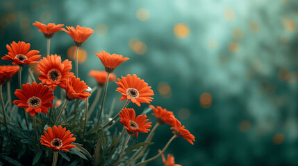 Wall Mural -  Bright orange flowers blooming against a soft green bokeh background. Copy space. Generative AI	